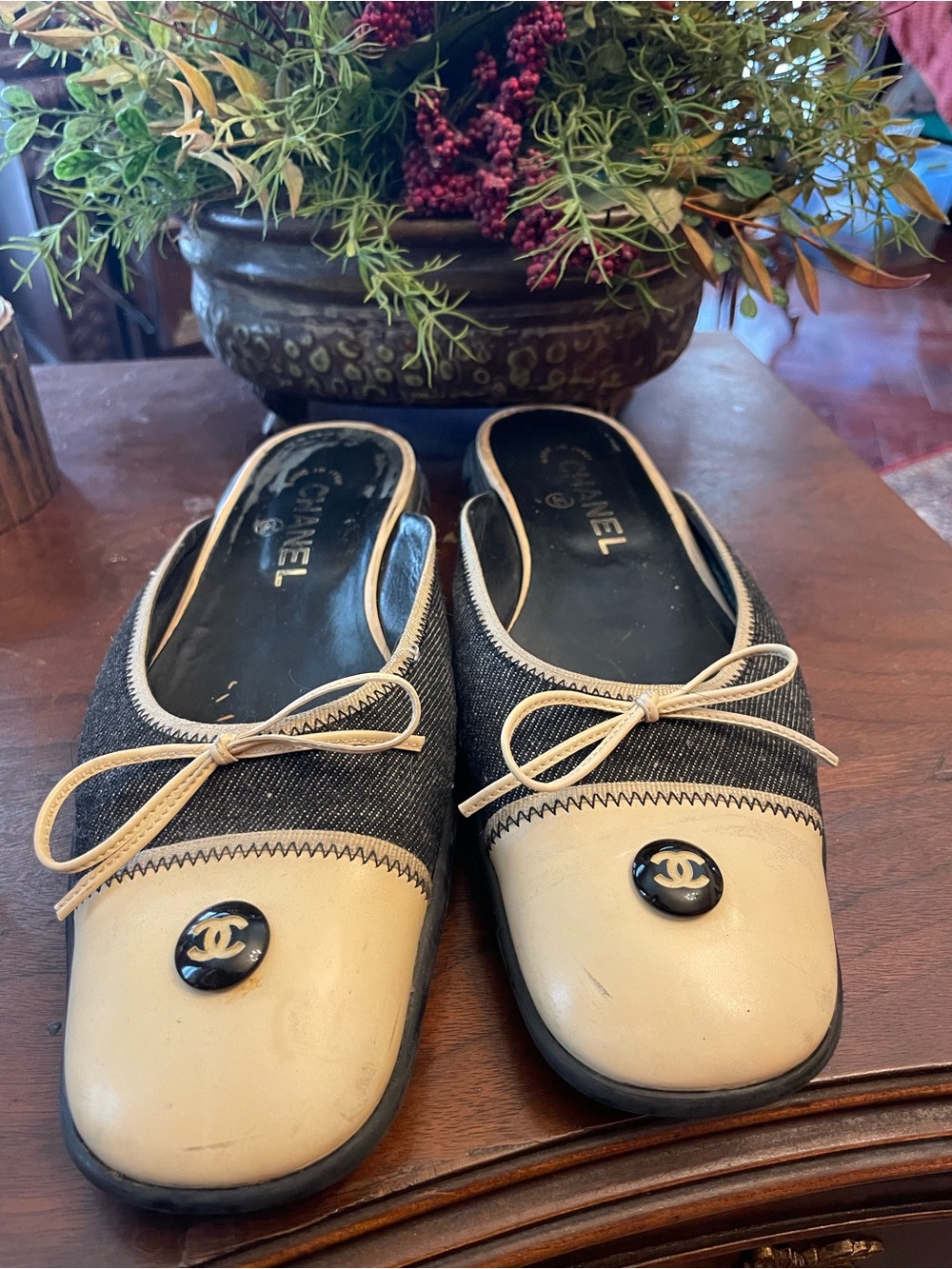 CHANEL Two-Tone Black & Beige CC Button Mule Flats